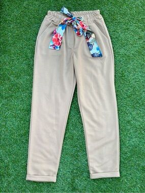 Beige Paperbag High Waist Tapered Pants Floral Tie Belt XS